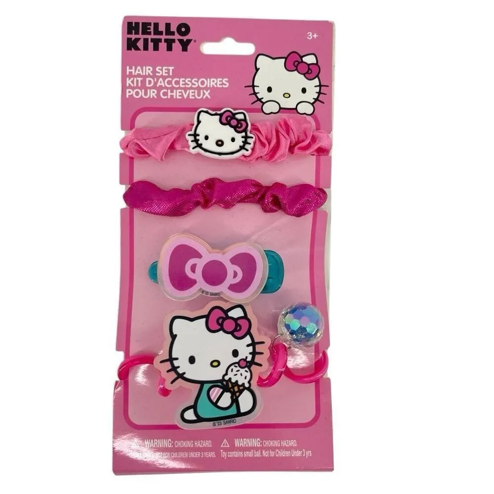 Hello Kitty Girls Hair Accessory Set — 3 Scrunchies + Bow Hair Clip | Pink | NWT